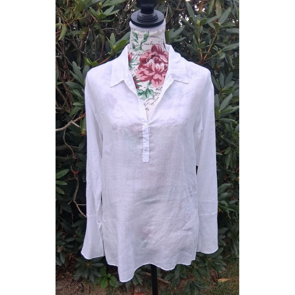 Vintage Margaret Oleary Women L White Linen Shirt Bell Sleeve Made in USA